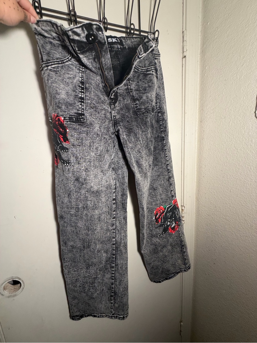 Sky Black Acid Wash Flare Jeans with Red Rose & Panther Embroidery